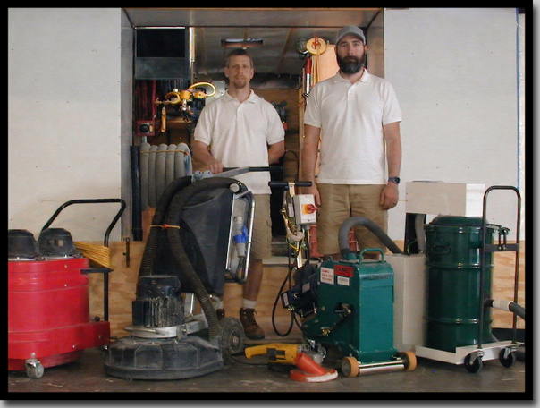 Concrete Renewal owner-operators Greg Richard and Nick with professional garage floor coating equipment in Minneapolis