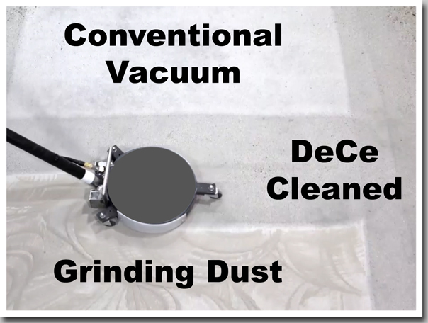 Our patent pending machine working on a floor showing the visual difference from conventional vacuuming